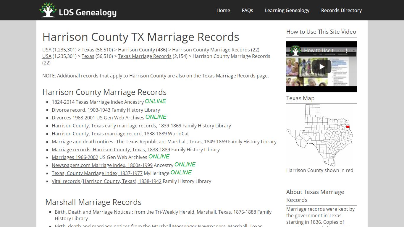 Harrison County TX Marriage Records - LDS Genealogy