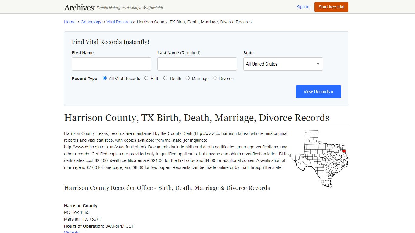 Harrison County, TX Birth, Death, Marriage, Divorce Records - Archives.com